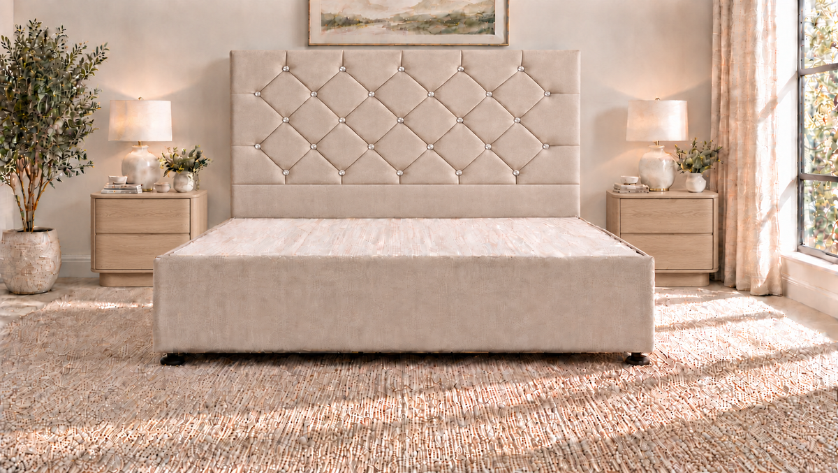 Premium divan base with 137cm floor standing chesterfield diamante headboard