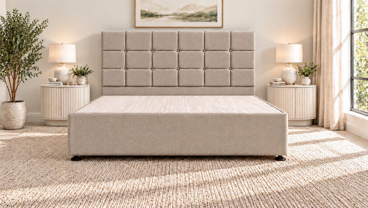 Premium divan base with 137cm floor standing square button headboard