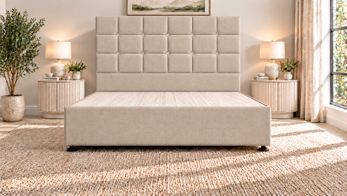 Premium divan base with 137cm floor standing square diamante headboard