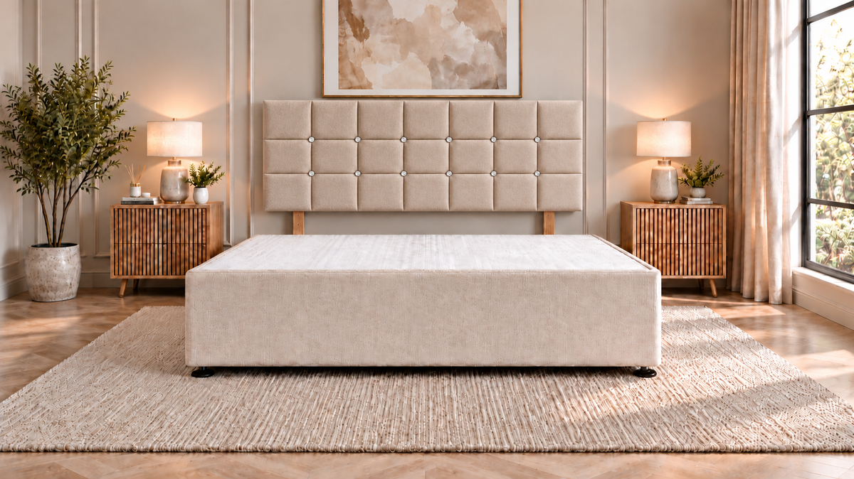 Premium divan base with 66cm square diamante headboard