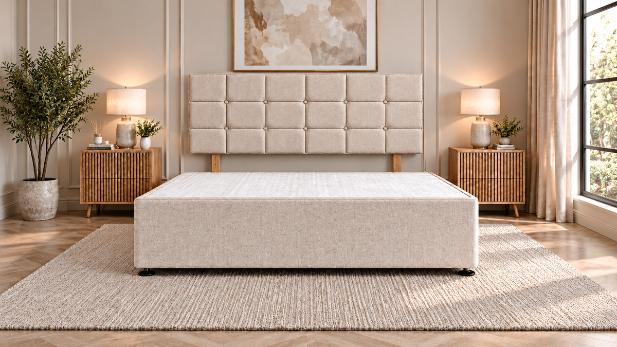 Premium divan base with 66cm square button headboard